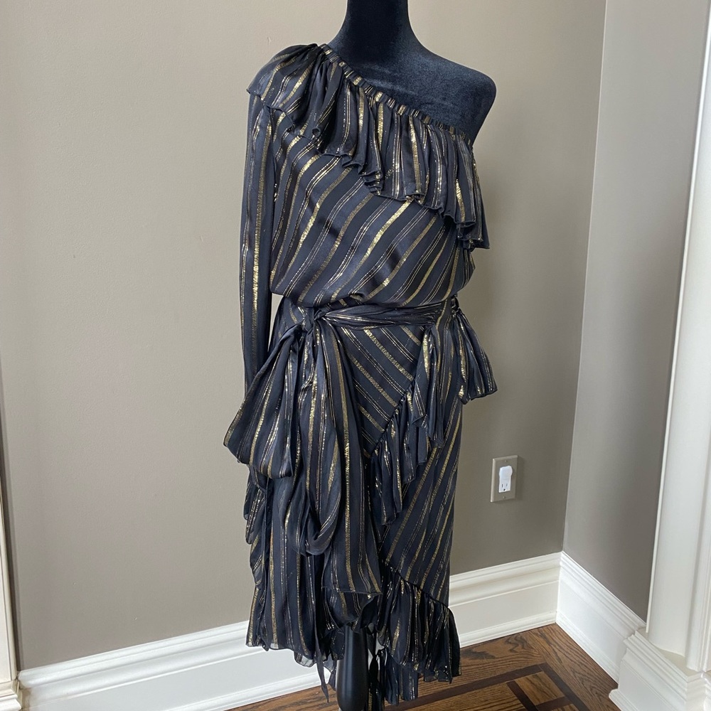 Philosophy Di Lorenzo Serafini Dress one shoulder black gold hi low Size 4